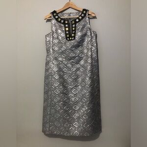 Tory Burch Metallic Brocade Gem V Neck Cocktail Dress Women’s 6 Silver Geometric